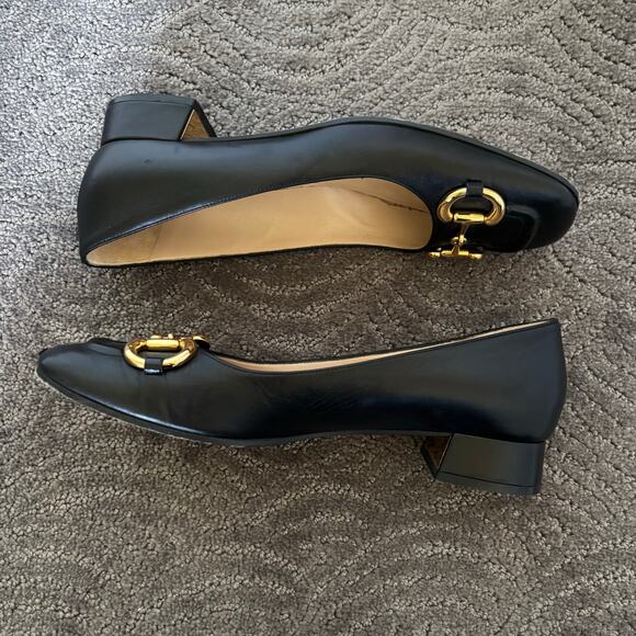 Gucci Baby Horsebit Square Toe Black Leather Block Heel Loafer Flat Pump Size 39 - Picture 7 of 12